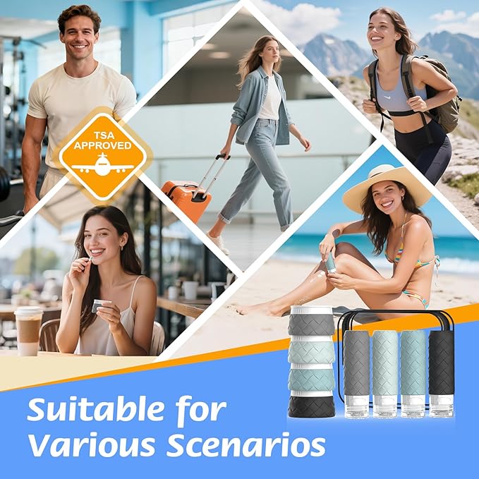 16 Pack Travel Bottles for Toiletries, TSA Approved Travel Size Toiletries Containers Set, BPA-Free Silicone Leak Proof Refillable Bottles Stackable Creams Jars Accessories Kit W/Clear Bag(Gray)