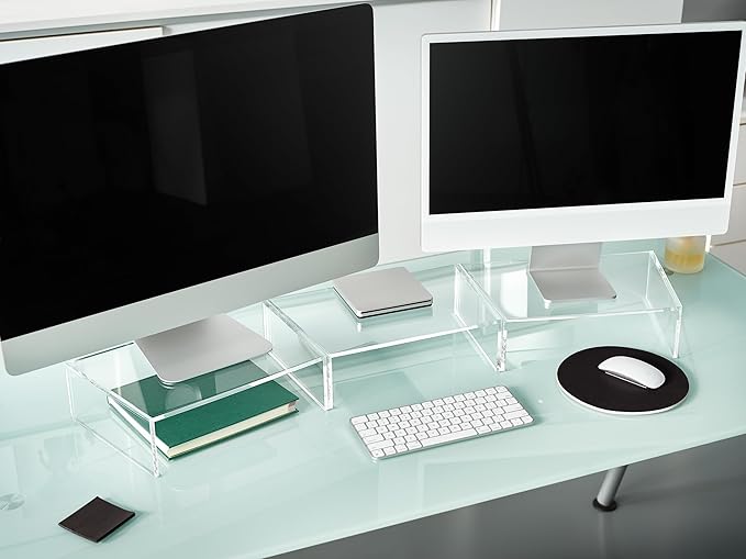 Red Co. Set of 3 Modern Clear Acrylic Desktop Computer Monitor Stands with Adjustable Length & Angle, 14.7” x 9” x 4”