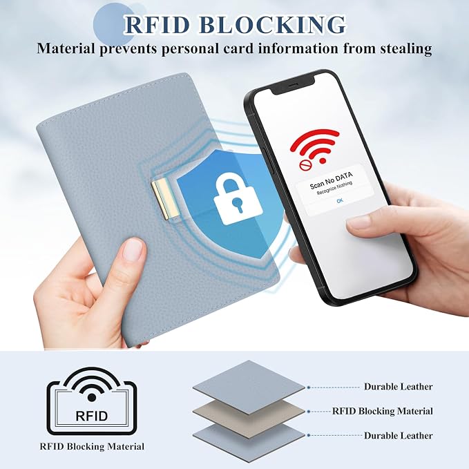 BKNOOU RFID Blocking Passport Holder with Airtag Slot- Leather Travel Passport Wallet for Women & Men, Slim Bifold Travel Passport Holder Holds Cards & Tickets & Cash (Blue)
