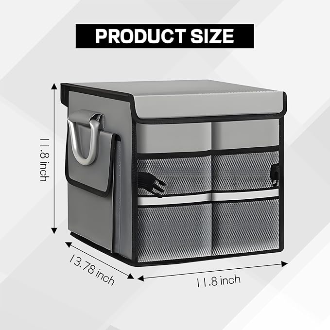 Car Trunk Organizer with Lid, 28L 2-Compartment Collapsible Trunk Cargo Storage Box, Waterproof Oxford Vehicle Backseat Storage Organizer with Base Plate & Metal Handle, Car Accessories (Gray)