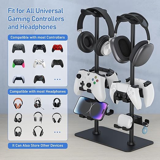 MANMUVIMO Headset Stand Controller Holder for 2 Headset and 8 Controller, Headphone Stand Gaming Controller Holder for PS5 Xbox Airpods Beats Bose, Gaming Room Accessories, Gamer Gifts for Men