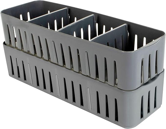 Simplify 2 Pack 4 Compartment Stackable Bin with Adjustable Dividers | Drawer Organizer | Storage Basket | Good for Office | Desk Supplies | Dorm |Bathroom | Accessories | Make Up | Grey
