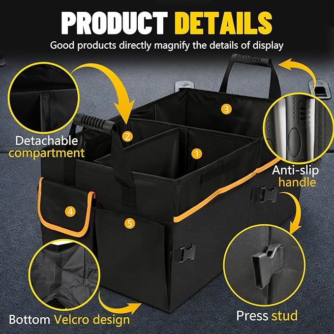 95L Car Trunk Organizer with 2 Tie-Down Straps&2 Removable Dividers|Foldable Cover,Multi-Compartment Collapsible Storage Box for SUV&Sedan&Truck|Non-Slip Bottom,3mm Durable PE Board Construction