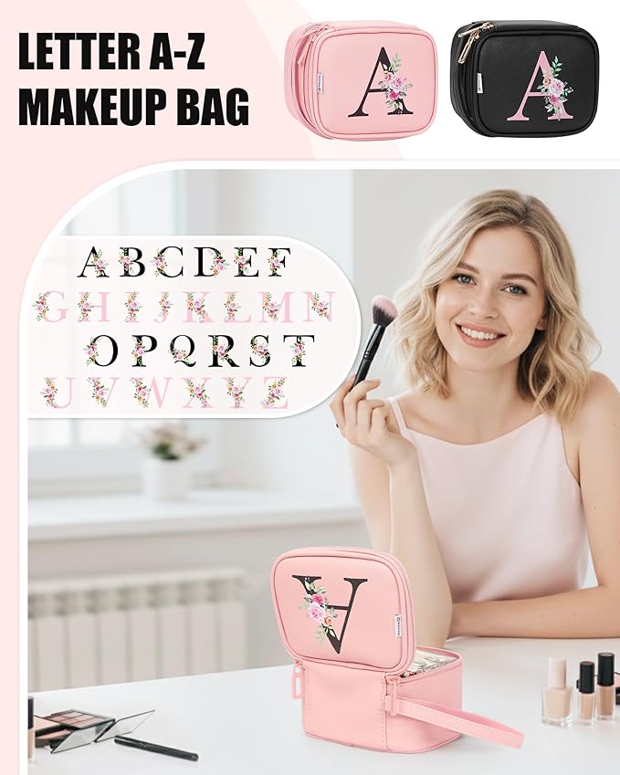 Relavel Mini Makeup Bag with Led Mirror for Mothers Day Gifts, Initial Cosmetic Bag with 3 Lighting Modes, Personalized Travel-Size Bag, Preppy Make Up Pouch for Trip - Pink B