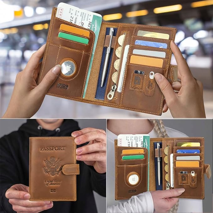 CONTACTS Full Grain Leather Passport Holder RFID Blocking Passport Wallet Compatible with Airtag Travel Passport Cover with SIM Card Removal Tool (Badge, Camel Brown)