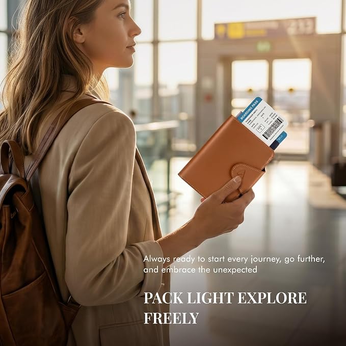 ALLIVE RFID Blocking Passport Holder for Travel Essentials, Genuine Leather Passport Wallet with Built-in AirTag Slot, Magnetic Closure Passport Cover Case for Women and Men, Travel Gifts (Caramel)