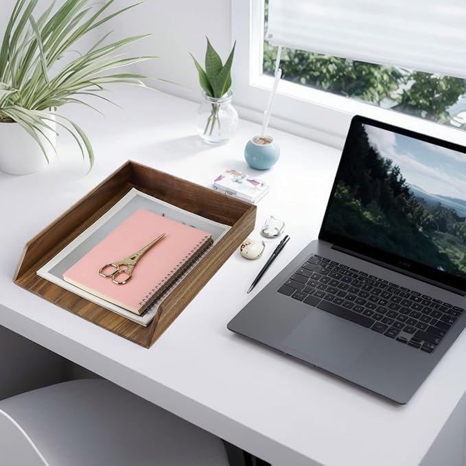 Buqoo Walnut Wood Desk Organizer Letter Tray | 12.9x10.1x2.2in, Rectangular, Serving & Storage Tray, Office/Home