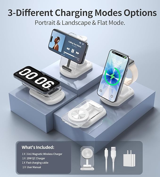 3 in 1 Magnetic Wireless Charging Station for Apple Devices, Fast Foldable Travel Mag-Safe Charger Stand with Night Light for iPhone 17 16 15 14 13 12 Series, Apple Watch/AirPods Pro-Gift for Lovers