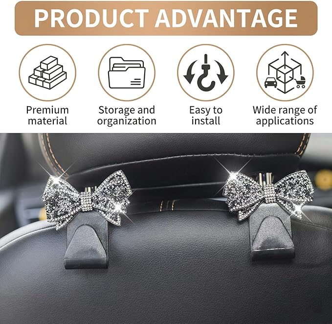 2 PCS Bling Car Seat Headrest Hooks, S-Type Crystal Rhinestone Bow, Universal Seat Back Storage for Purses Bags Groceries, Black Decorative Vehicle Organizer