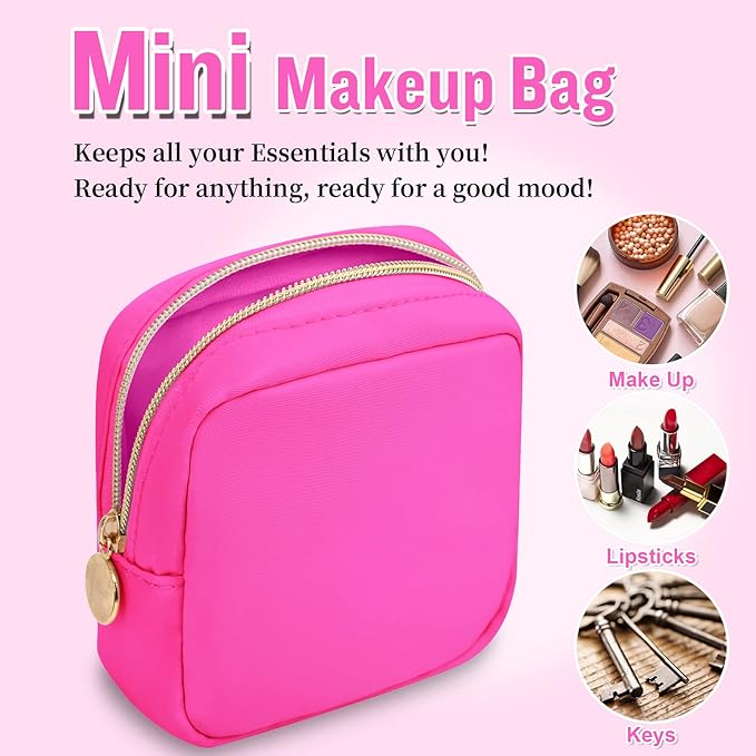 Nylon Mini Makeup Bag for Purse, Preppy Small Cute Makeup Bag Cosmetic Zipper Pouch Purse, Waterproof Travel Coin Pouch Sanitary Napkin Storage Bag Clutch Make Up Organizer for Women Girls(Hot Pink)