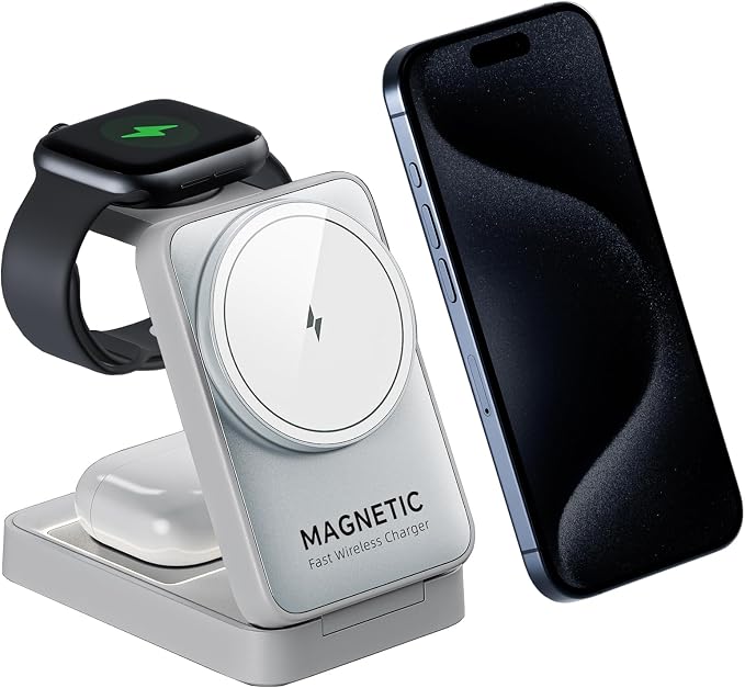 2026 Upgraded 3-in-1 Wireless Charger for iPhone,Travel Magnetic Charger Stand Nightlight Foldable Wireless Charging Station Compatible with Magsafe Charger&iPhone 17/16/15/14/13,Apple Watch&AirPods