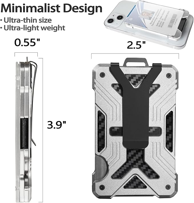 Minimalist Wallet for Men, Slim Wallet with Clear ID Card Holder, Carbon Fiber Wallet, Aluminum Wallet with Metal Money Clip for Men, RFID Blocking Ultra-Thin Tactical Wallet Mens Gift-Silver