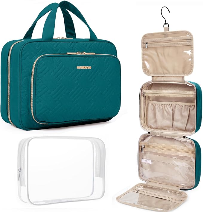 BAGSMART Toiletry Bag Hanging Travel Makeup Organizer with TSA Approved Transparent Cosmetic Bag Makeup Bag for Full Sized Toiletries（Sage Green）