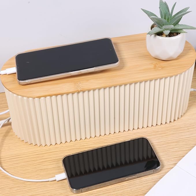2Pcs Cable Management Box, 13 × 5.12 × 4.33 inch Plastic Cord Hider Box with Wood Lid, Hidden Storage Cord Organizer Box, Ample Internal Space Power Strips Cover Easy Access for Home Office