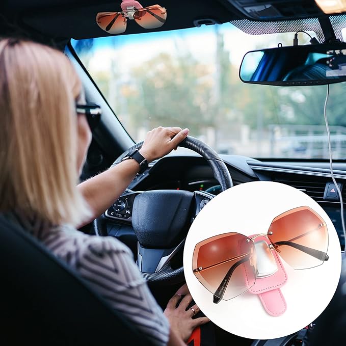 2 Packs Car Glasses Holder Universal Car Visor Sunglasses Holder Clip Leather Eyeglasses Hanger and Ticket Card Clip Eyeglasses Mount for Car (Pink)