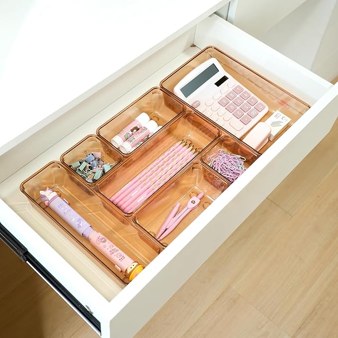 Coffee Acrylic Drawer Organizers Set Storage for Makeup, Office Desk Small Vanity Trays for Drawer Bathroom Plastic Make up Organizers 25 Pcs