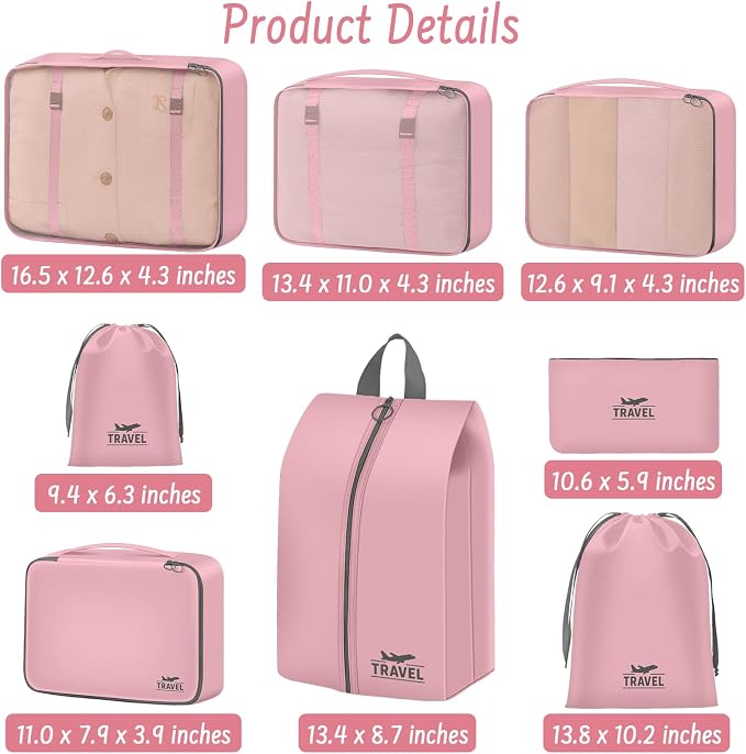 Packing Cubes for Travel - 8 Set Luggage Organizer Bags for Family, Mesh Breathable Packing Cubes for Suitcases Durable Travel Essentials Bags Set