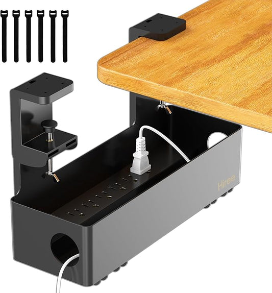 Hiree Under Desk Cable Management Tray with 6 AC Power Outlet and Clamp Mount, No Drill Cord Storage Organizers for Wire Management, Standing Desk, Computer Cord Rack for Office & Home (Black)