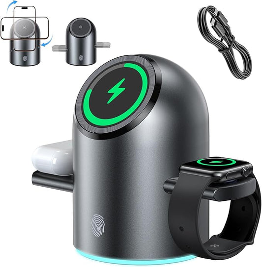 3 in 1 Wireless Charging Station for Apple Multiple Devices, 15W Magnetic Auto-Rotating Charger Stand, Touch Hidden System Wireless Charger Stand for iPhone 17 16 15 14 13 12, Apple Watch, AirPods pro