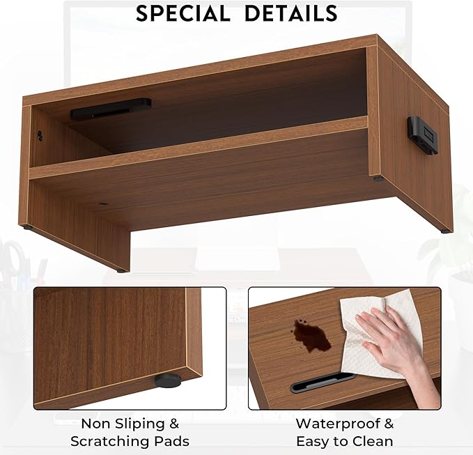 BONTEC Wooden Monitor Stand Riser, 2-Tier Desk Shelf with Storage Organizer, Ergonomic Computer Stand with Cable Management, Cellphone Holder, Walnut, 16.5 Inch
