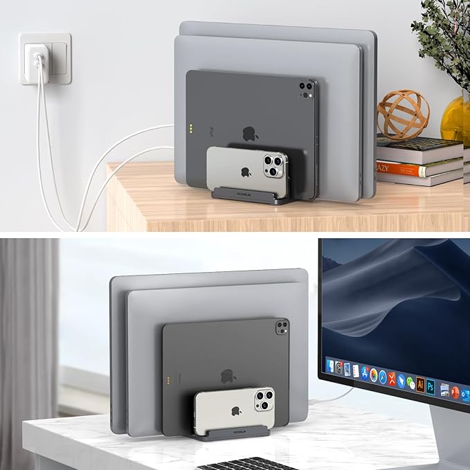 4-Slot Aluminum Vertical Laptop Stand for Desk - Adjustable Width Dock for MacBook, Surface, Samsung, HP, Dell up to 17.3 inches - Space-Saving & Protective Design - Gray