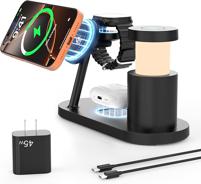 MagSafe Charger Compatible, 4-in-1 Charging Station, Qi2.2 25W Certified with LED Night Light/Magnetic Wireless Charger for iPhone 17/16/15,Apple Watch,AirPods,Pixel 10(45W Adapter Included)