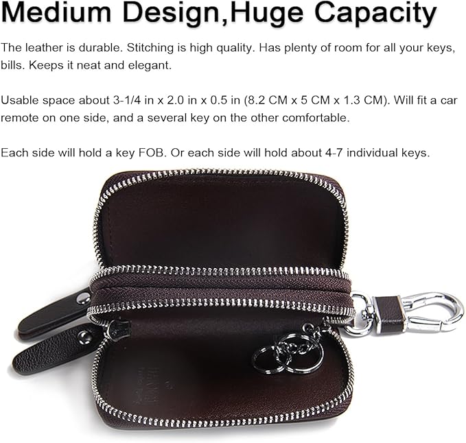 CONTACTS Car Key Case Small Leather Double Zipper Key Holder with 4 Keyrings Keys Organizer for Men Women