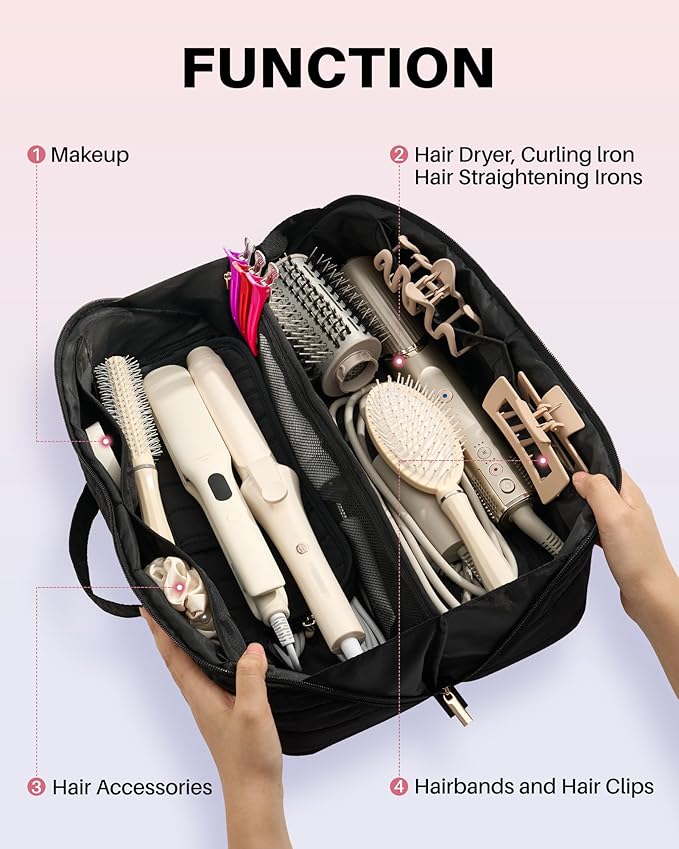 Hot Tools Travel Case with Heat Resistant Mat Pouch, Large Hair Tool Organizer Bag for Curling Iron Flat Iron Hair Dryer Hot Air Brush, Water Resistant Makeup Bag Gift for Women, Black