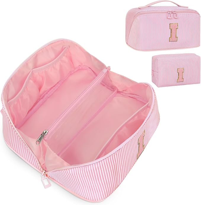 Initial Makeup Bag, Portable Water-resistant Monogram Cosmetic Bag Set, Travel Toiletry Bag with Brush Holder, Personalized Gifts for Friend Teacher Mom Wife, Pink I