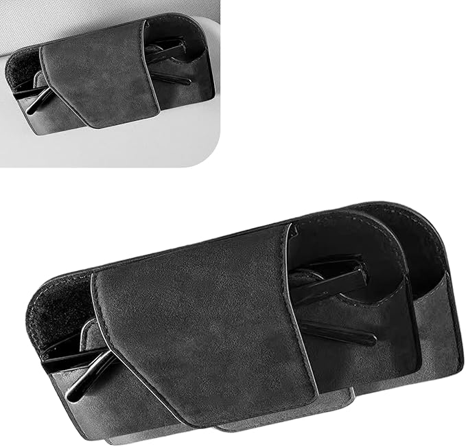 Car Visor Sunglass Holder, Suede Leather Visor Eyeglasses Holder with Clip, Car Interior Protective Glasses Storage Case, Universal for Most Cars (Black)