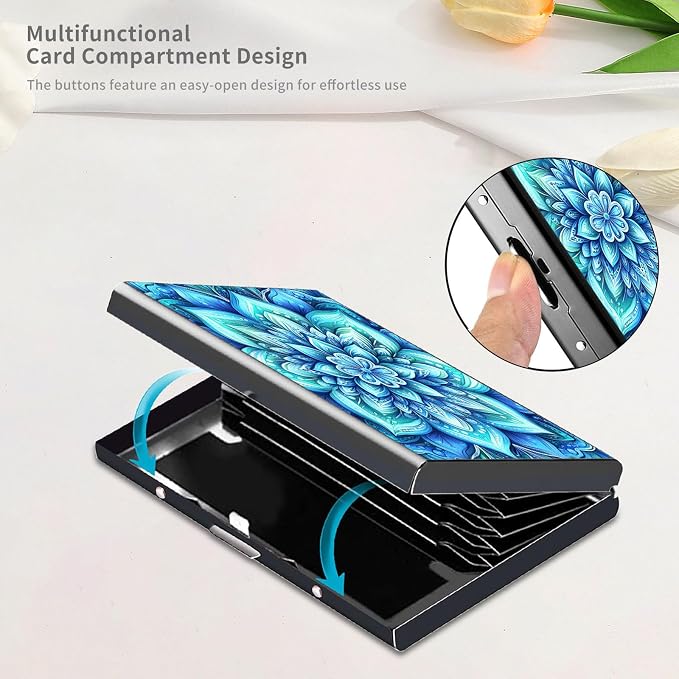 RFID Metal Wallet Credit Cards Holder Slim Mini Business Card Holder Metal ID Case Gift for Men Women,Blue Mandala