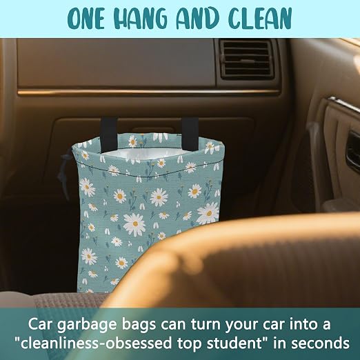 Car Garbage Bag Beautiful Blue Blooming Flowers Drawstring Car Trash Bag Hanging for Back Seat with Adjustable Buckle Canvas Vehicle Trash Can Easy-to-Install