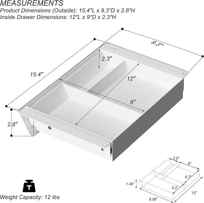 White Under Desk Drawer with Removable Tray, 15.4" Wide 2-in-1 Organizer – 60° Ergonomic Tilt, 4-Compartment Insert for Pens, Phones & Cables, Ball Bearing Slides, for Home Office & Student Desk