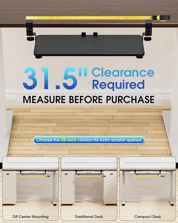 Large Keyboard Tray Under Desk, Pull Out Keyboard & Mouse Tray with Adjustable C-clamp, 25.6(31.5 Including Clamps) x 11.8 Inch Slide Out Computer Keyboard Drawer Mouse Tray for Typing, Black
