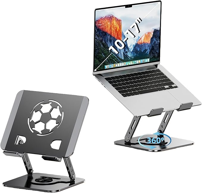 Laptop Stand for Desk, Adjustable Metal Foldable Laptop Riser with 360° Rotation & Football Vent Pattern, Ergonomic Computer Notebook Holder for MacBook Air Pro, Dell XPS, HP 10-17.3", Gray