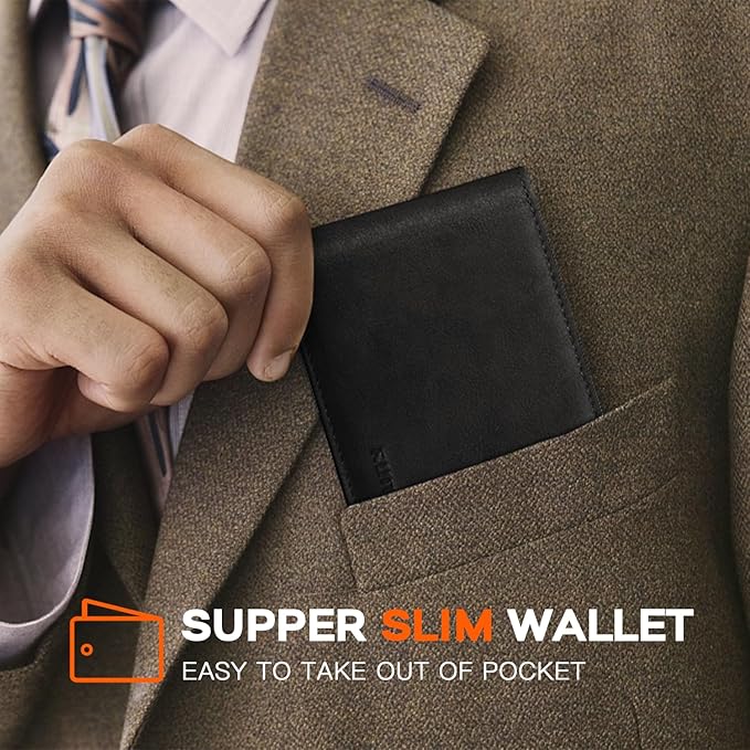RUNBOX Wallet for Men Slim Leather Bifold RFID Blocking Minimalist Front Pocket Design with Gift Box