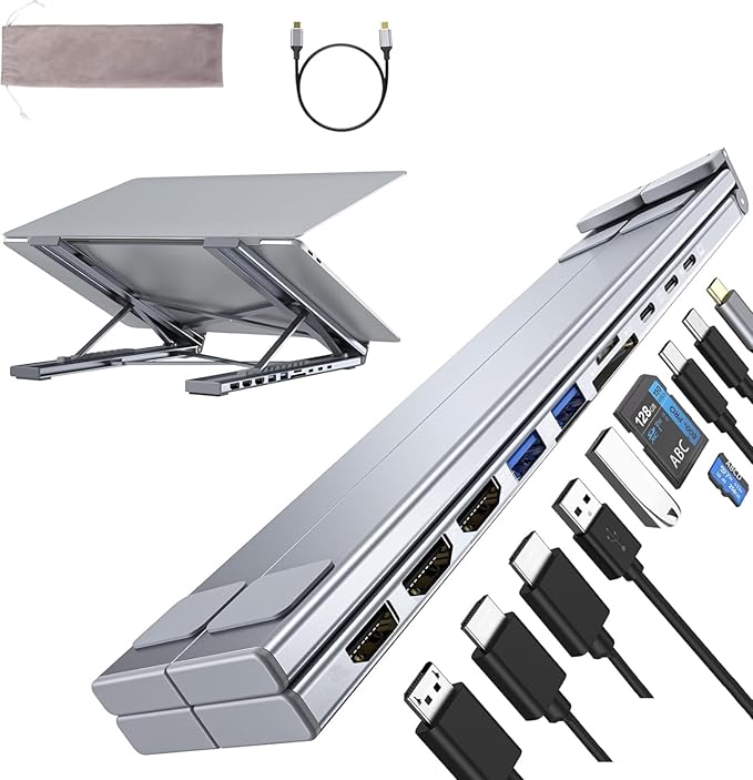 M94 Laptop Docking Station Stand 3 Monitors, 10 in 1 USB C Hub Triple 4K@60Hz Display with Dual HDMI, DisplayPort, Portable Laptop Stand with USB Ports, Dock Station Computer Holder (2 HDMI+DP)