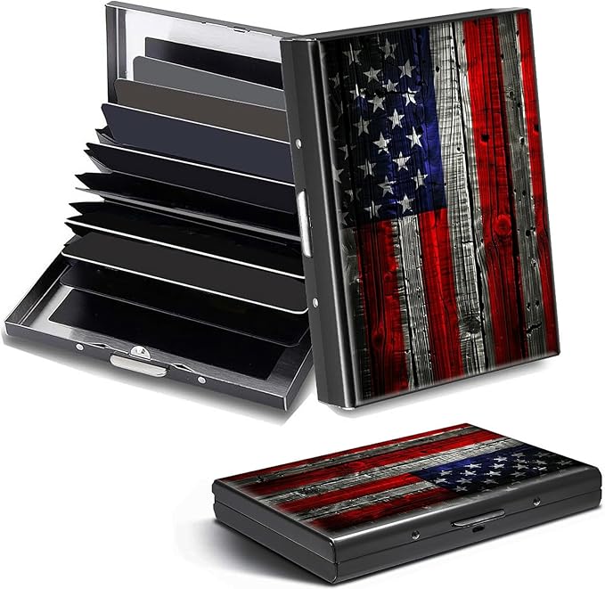Credit Card Holder, American USA Flag Design Mini RFID Blocking Aluminum Wallet Slim Metal Hard Case Shell Travel Wallet ID Case Small Credit Cards Case Business Cards for Women Men Girls