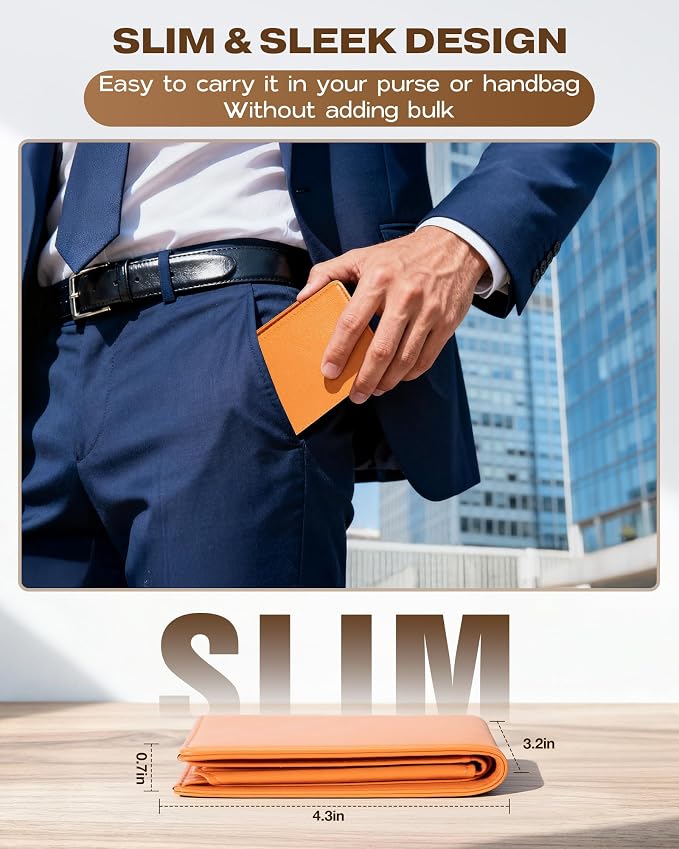 GNDR Wallet For Men Bifold Orange RFID Blocking Slim Faux Leather Wallets Card Holder Front Pocket Minimalist Men Accessories With Gift Box