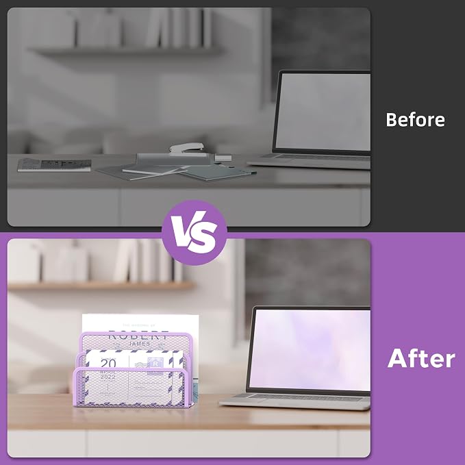 SUPEASY Mail Organizer for Desk, Mesh Metal Mail Holder Countertop with 3-Slot, Letter Sorter File Holder, Office Envelope Organizer for Mails (Purple)