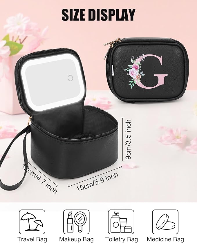Relavel Mini Makeup Bag with Led Mirror, Initial Make Up Bag for Women, Personalized Travel Cosmetic Pouch with 3-Light Modes, Graudation Gifts for 11 12 13 14 15 16 17 18 Years Old Girl - Black G