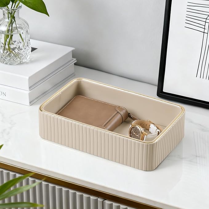 Desk Organizer Tray, PU Leather Nightstand Organizer Perfume Valet Tray for Men Women, Decorative Vanity Trays Trinket Dish Key Bowl for Entryway Table (Beige, Small)