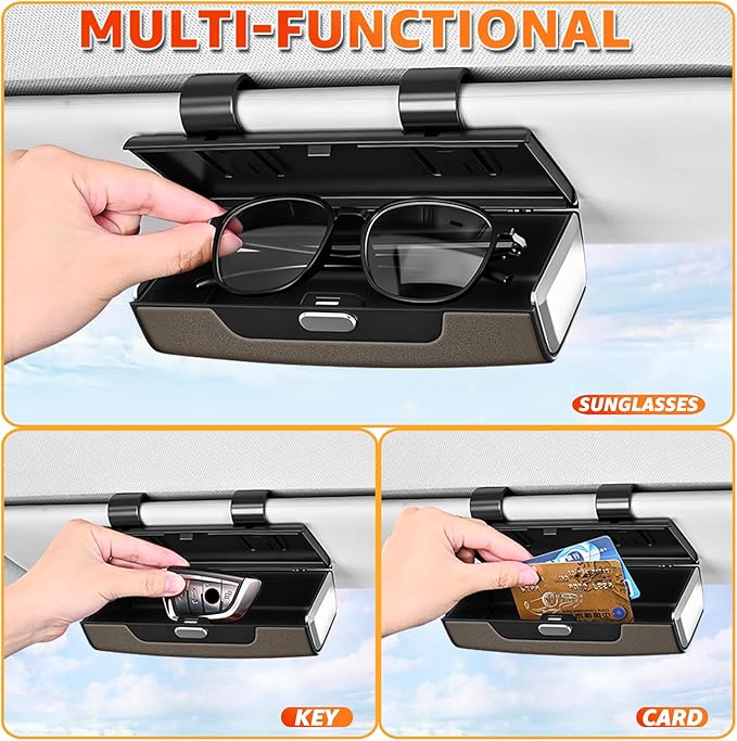 Car Sunglasses Holder for Sun Visor, Button Leather Eyeglass Hanger and Interior Storage Box