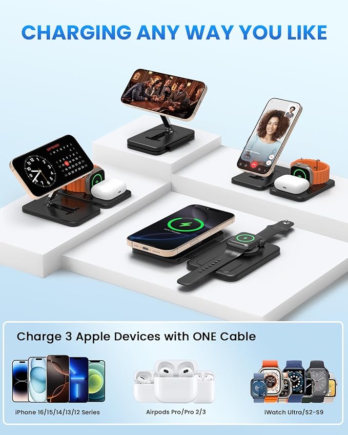 Charging Station Magnetic for iPhone Mag-Safe: JoyGeek 3 in 1 Foldable Wireless Charger for iPhone 17-12 Pro Max Plus, Travel Charger for AirPods, A-pple Watch 11-2 Series