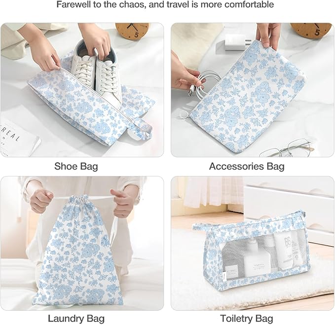 8 Set Packing Cubes for Suitcases,Packing Cube with Shoe, Cosmetics, Clothing, and Accessories Bags Packing Cubes for Travel Luggage Organizer Women Men(Blue Flowers)