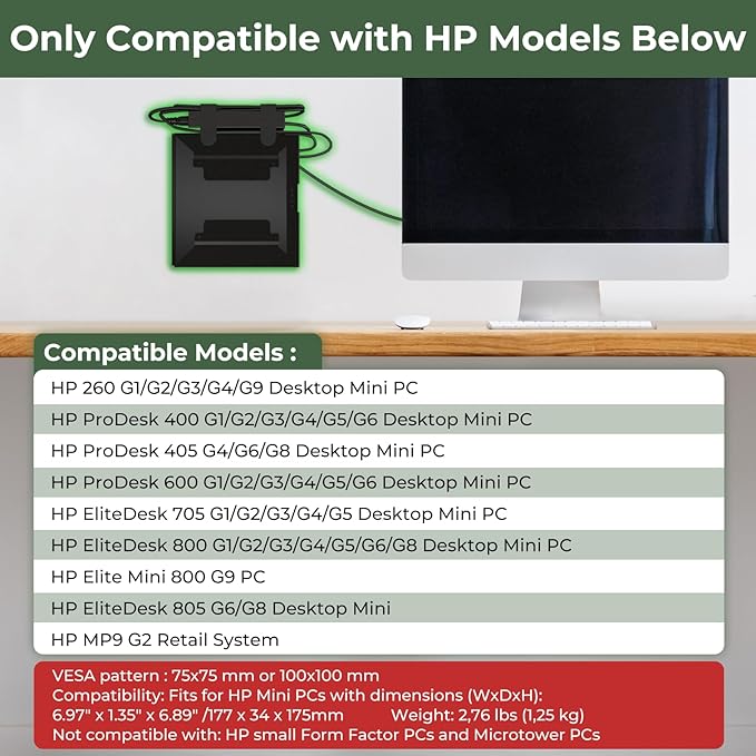 Mini PC VESA Mount for HP, Under Desk, Wall Mount, VESA Mount & Attach to Monitor Arm Mount, Compatible with HP EliteDesk 800 G2 G3 G4 G5 ProDesk 600 G1 G2 G3, Includes All Screws and Cable Straps