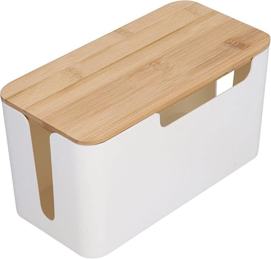 HERCHR Cable Management Box, Small Desk Cord Organizer with Wooden Lid, Cable Box Organizer Power Socket Management for Hiding TV Wires Routers Computers Wires