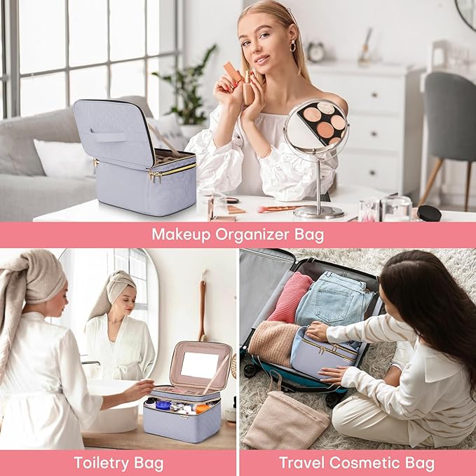 HXLGMD Large Makeup Bag with Mirror Double Layer Travel Make Up Organizer Case, Large Capacity Coemetic with Brush Slot Divider, Travel Toiletry Bag for Women (Grey)