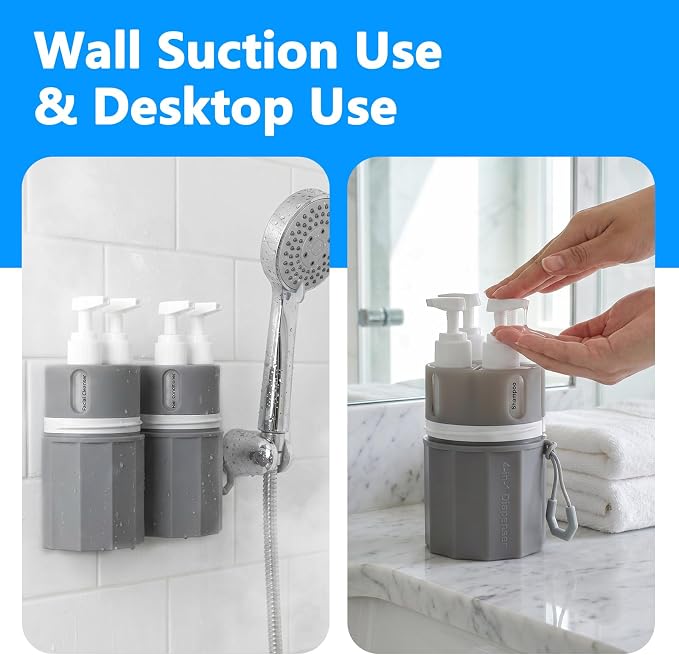 4 in 1 Travel Dispenser Bottles, TSA Approved Leak Proof Refillable Toiletry Containers with Vacuum Suction Cup for Smooth Walls, Portable Empty Bottle Set for Shampoo Conditioner Body Wash