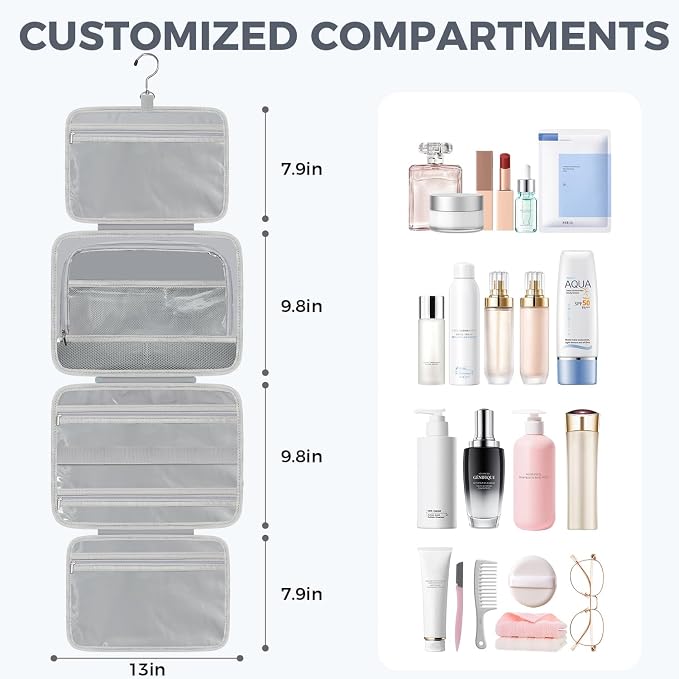 Toiletry Bag for Women, Portable Hanging Organizer, 4 Leakproof Compartments for Full-Sized Conditioners, Brush Sets, Makeup Accessories, Visible and Easy to Access, L, blue